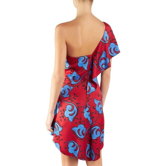 Versace Jeans Couture Sz 6 Red/Blue One Shoulder Envers Satin Print Dress - Picture 11 of 11